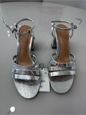 Zara NWT Silver Metallic Block Heel Sandals - Zara